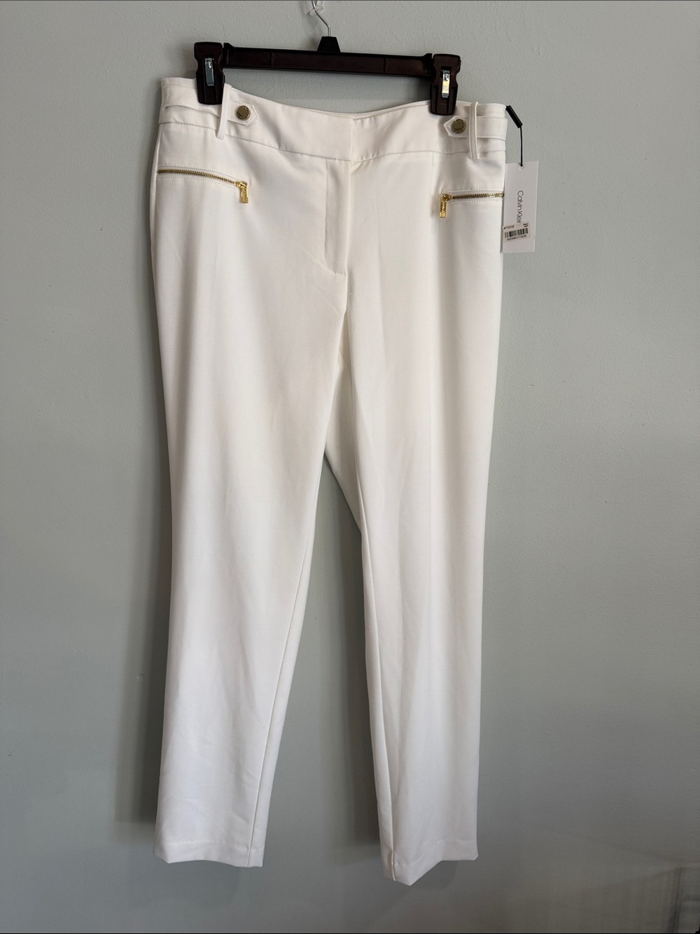 Calvin Klein White Ponte Pull-On Pants with Gold‎ Zipper Accents